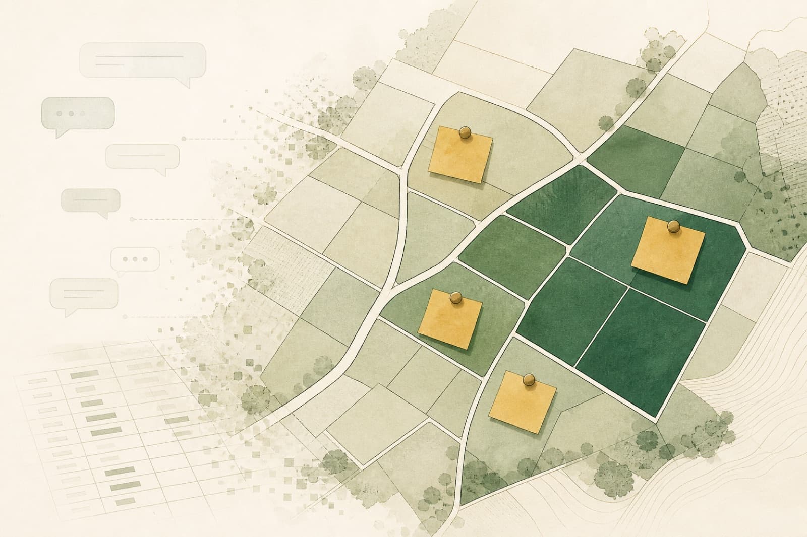 Abstract cadastral map with notes attached to parcels, suggesting durable deal memory on spatial evidence