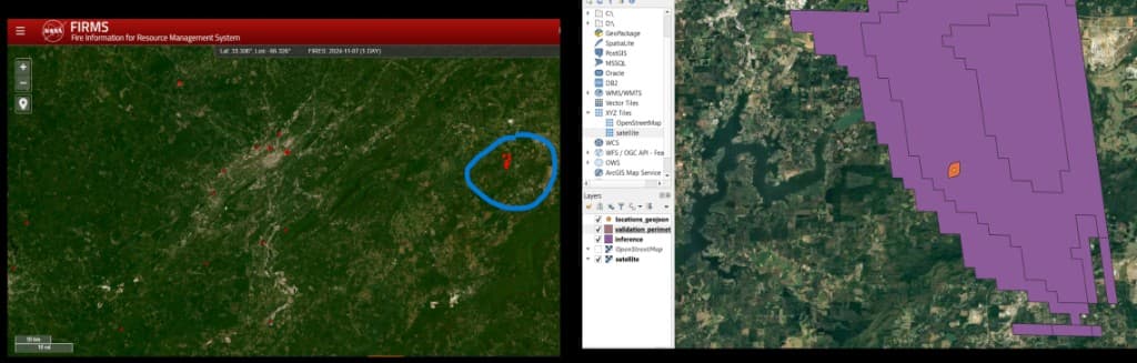 NASA FIRMS thermal anomaly map beside QGIS validation layers showing inference footprint against satellite perimeter — representative fusion workflow.