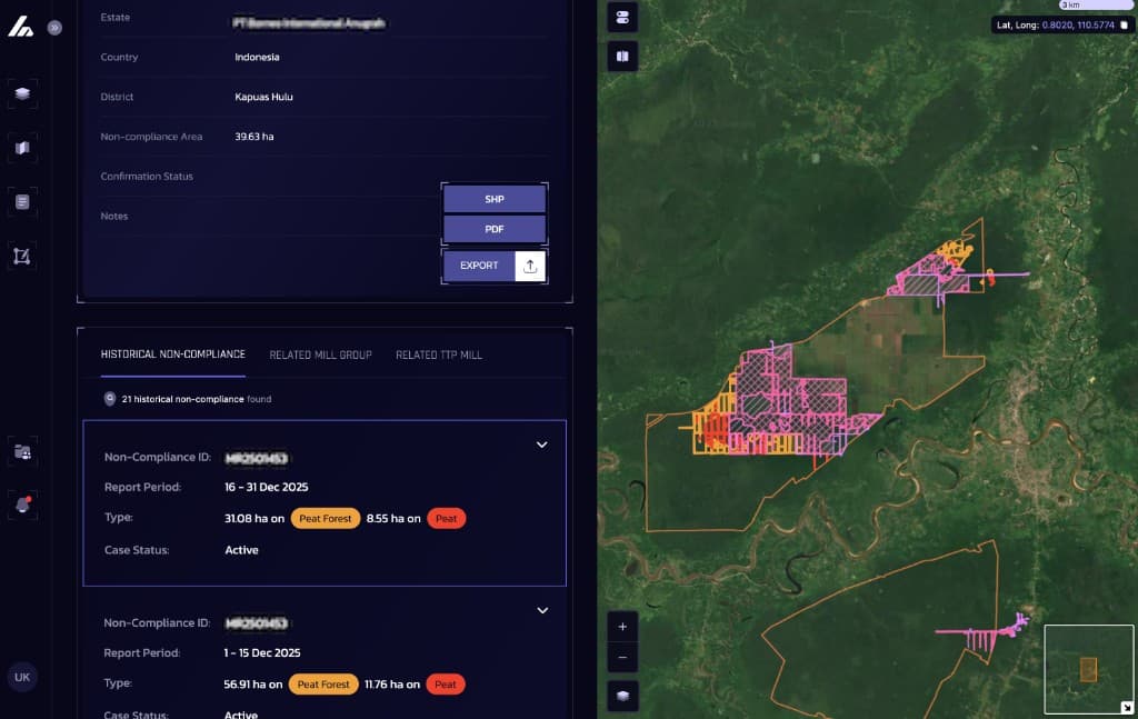 Representative GIS workspace: estate panel and satellite map with overlays (client UI anonymized).