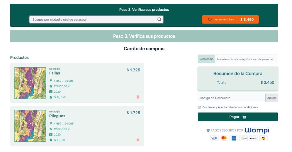 Cart and checkout with map thumbnails and professional export formats — illustrative.