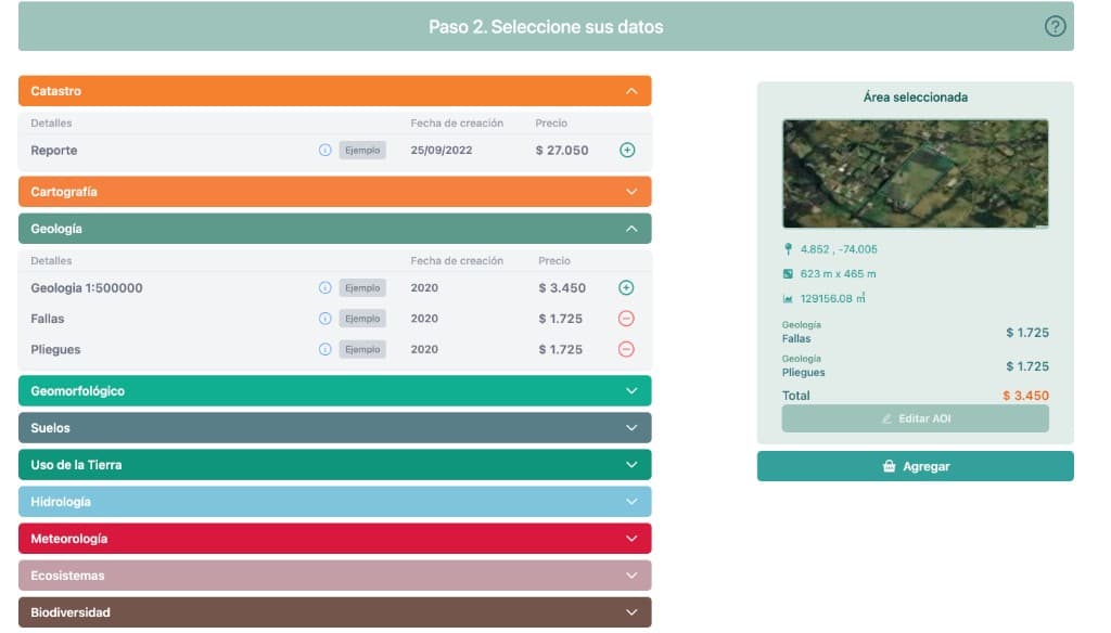 Layer catalog and AOI summary with live pricing — illustrative product UI.