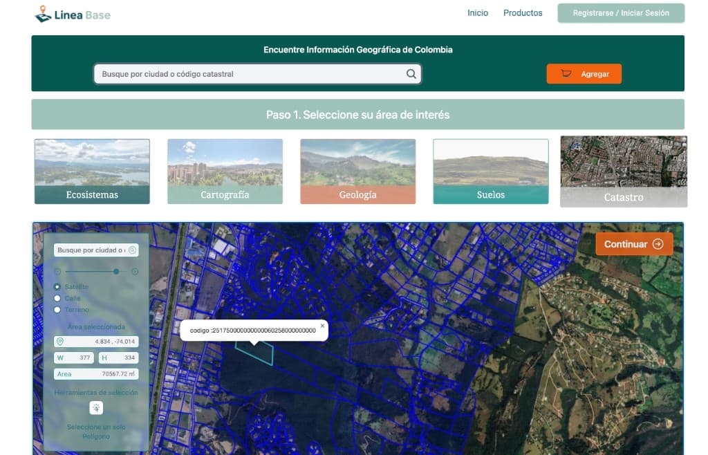 Map-first AOI selection with cadastral overlays — representative marketplace UI.