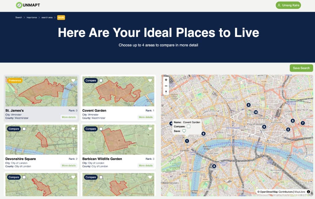 Ranked neighborhood results with interactive map — representative PropTech UI.